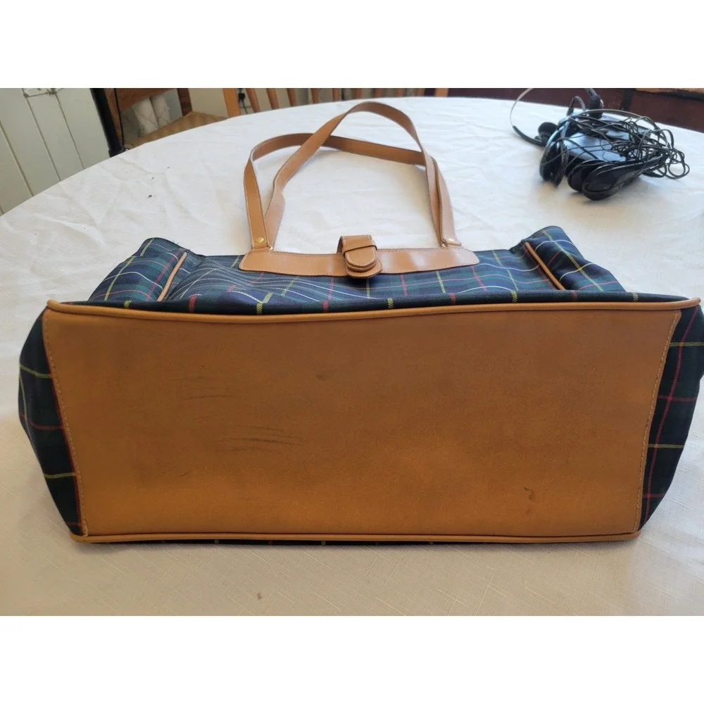 Keds Plaid Canvas‎ & Faux Leather Tote Bag Women's Large Shoulder Handbag Navy